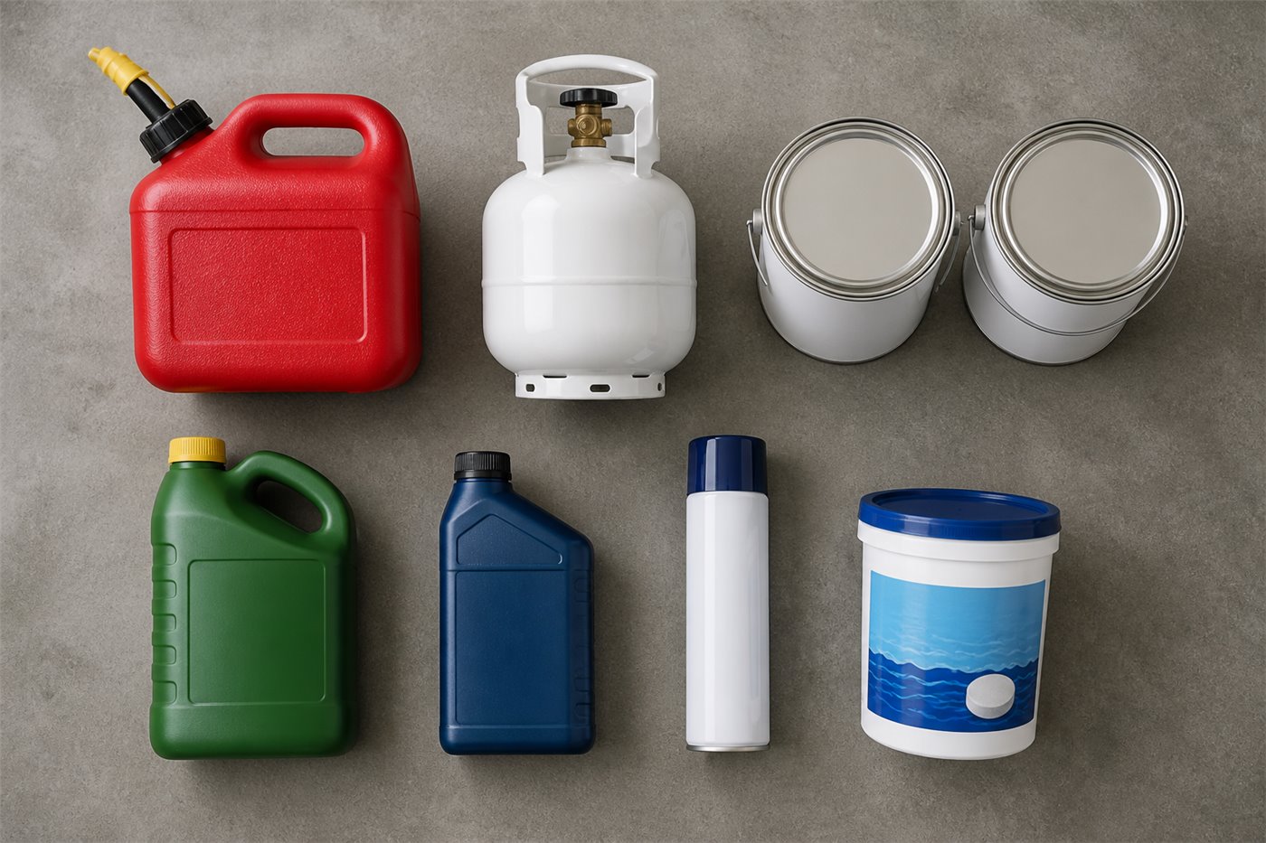 Gas can, propane cylinder, paint cans, automotive fluid, aerosol can, pesticide, and pool chemicals arranged safely
