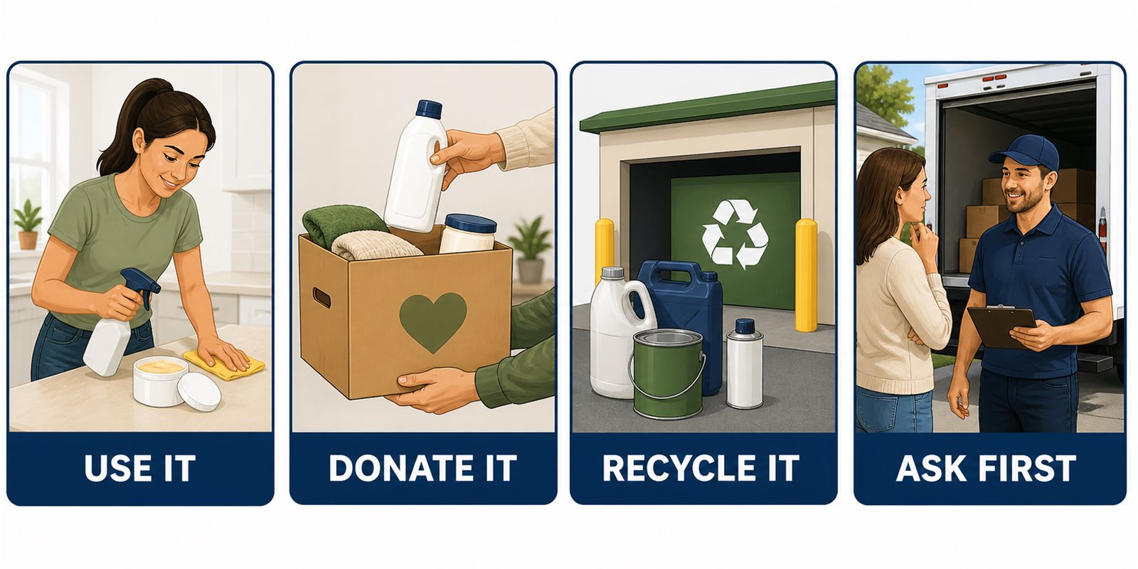 Four-step moving checklist showing use it, donate it, recycle it, and ask first