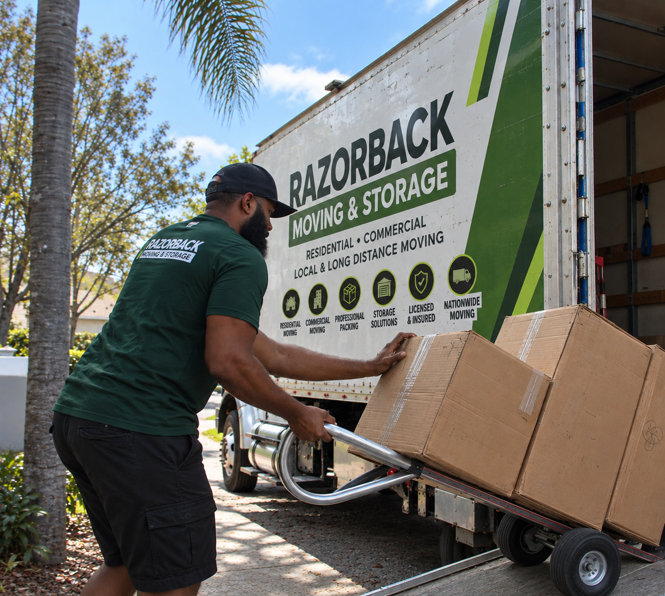 Razorback Moving crew member loading boxes into a branded moving truck