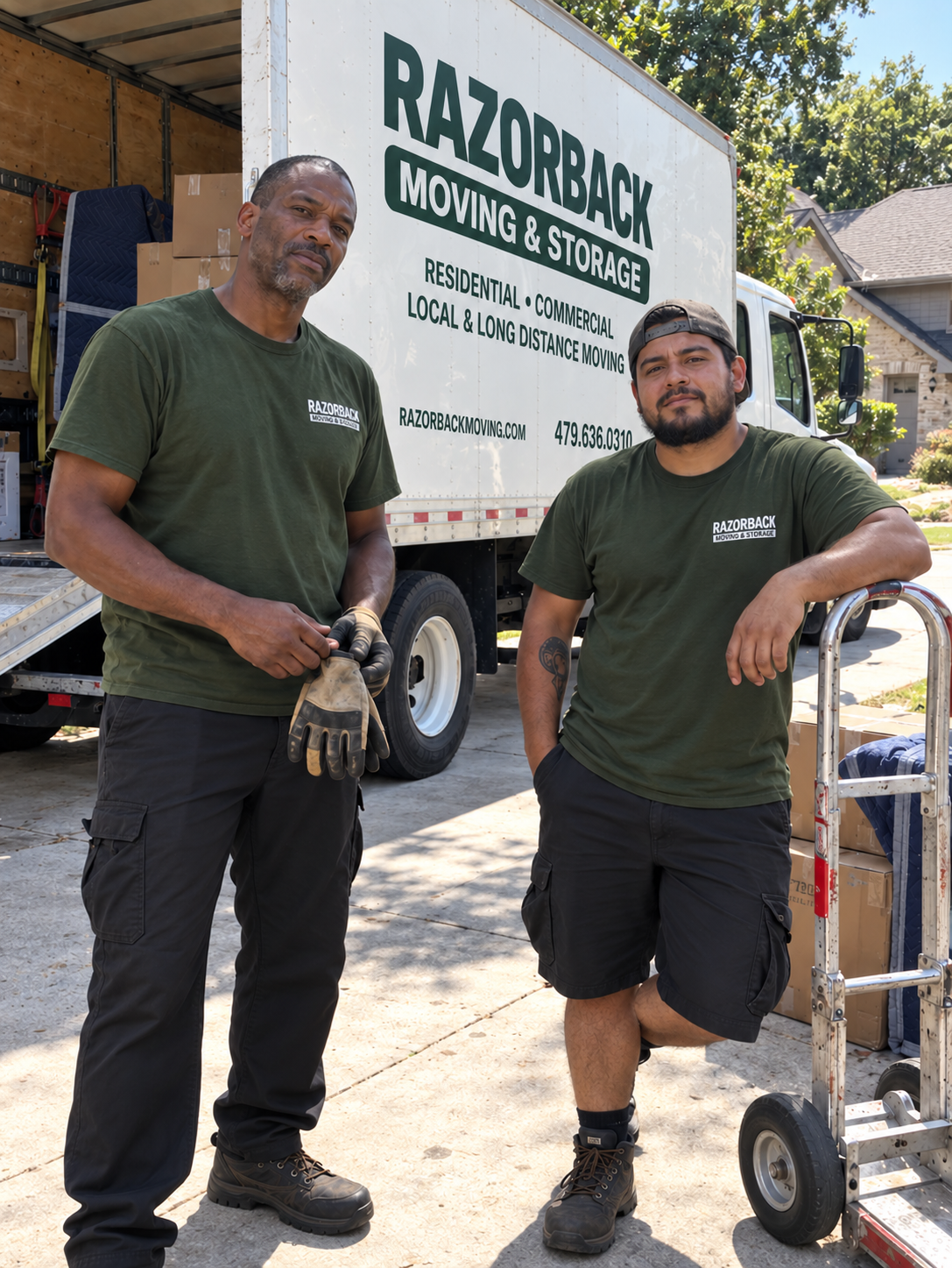 Two Razorback Moving crew members beside a branded moving truck