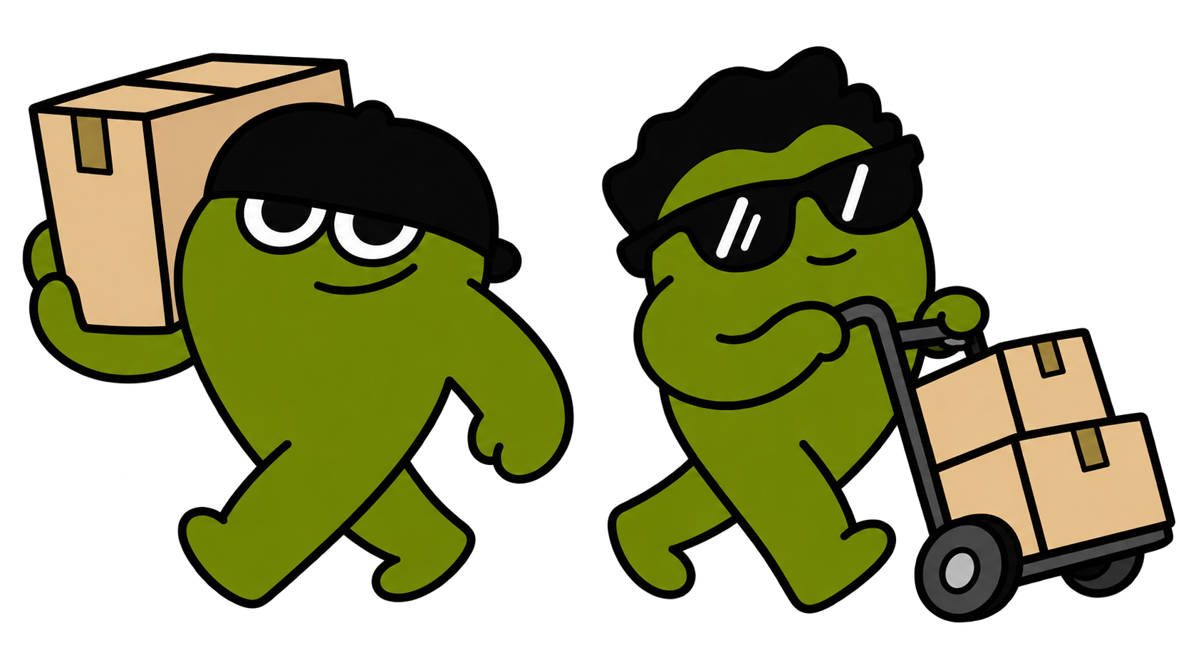Two green mover characters with a box and hand truck