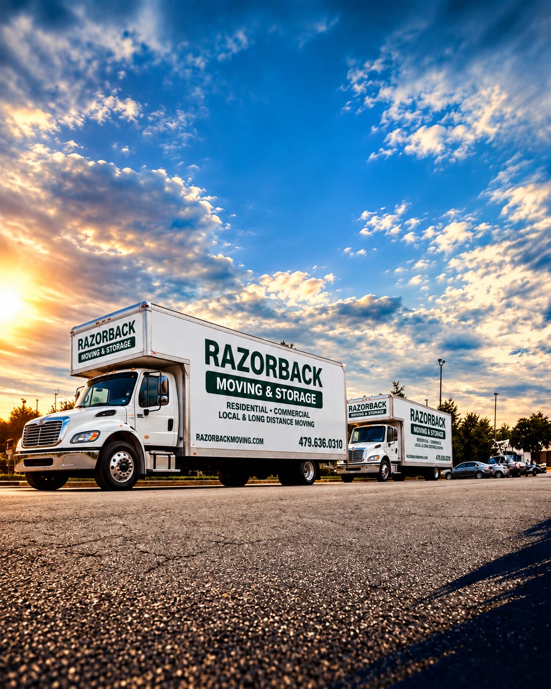 Two Razorback Moving trucks parked under a blue sky