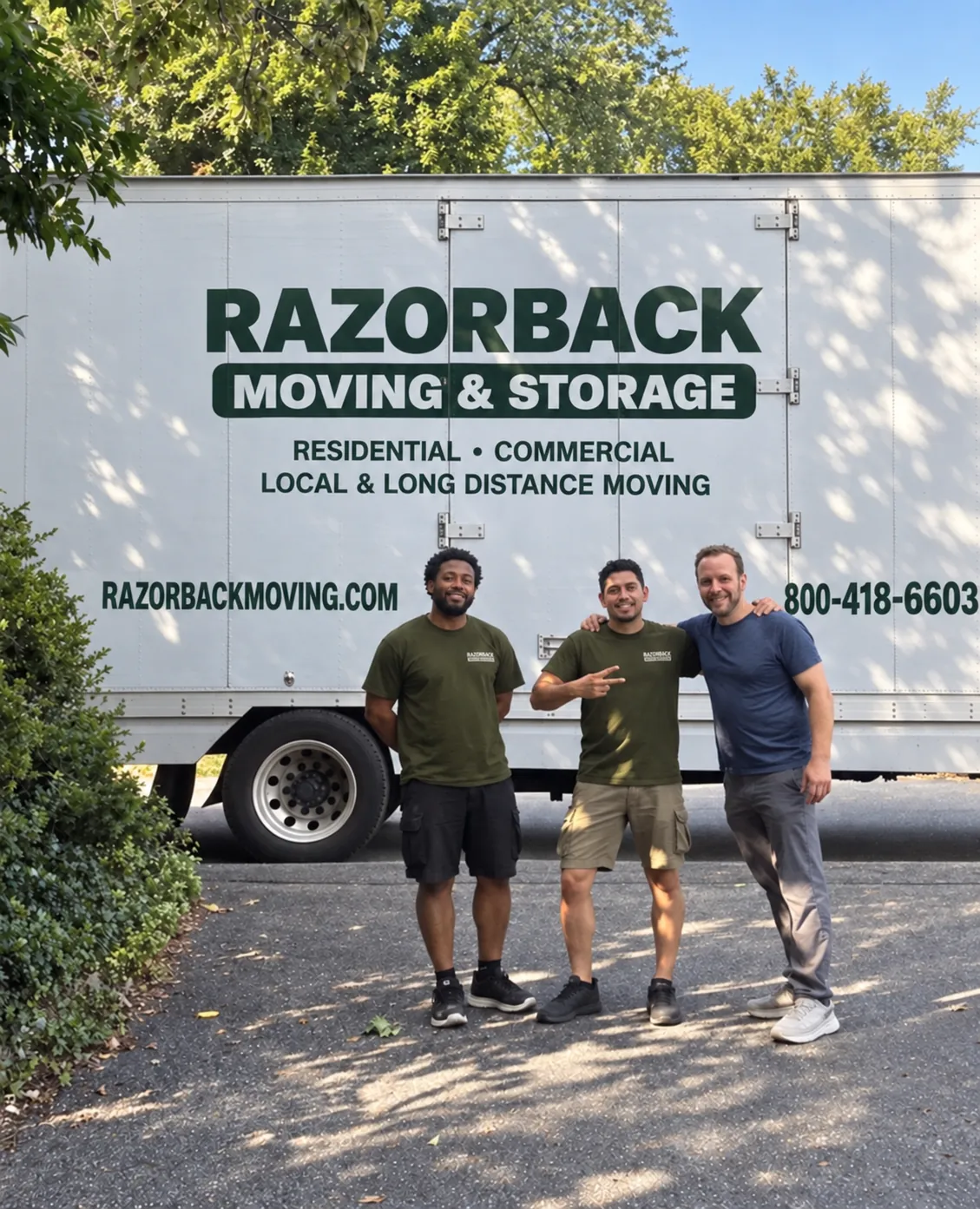 Razorback crew beside a moving truck